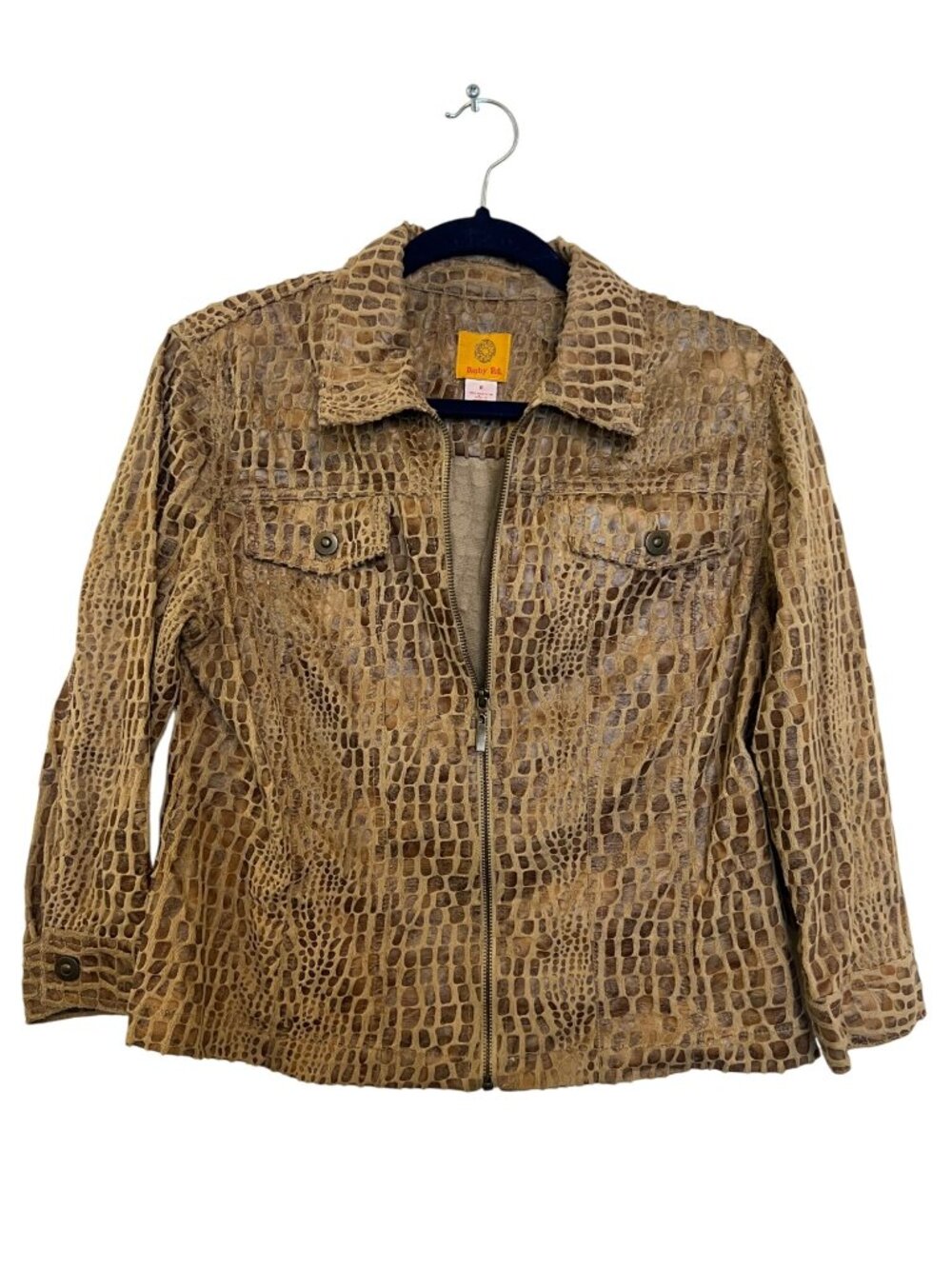 Ruby Rd. Crocodile Print Jacket Size 8 Faux Leather Textured Zip Front Long Slee
